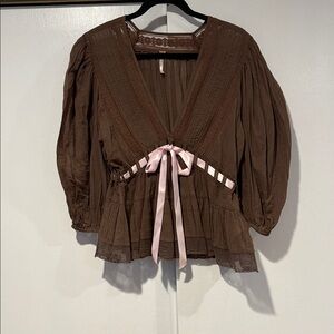 Free People Brown Blouse with Pink Ribbon